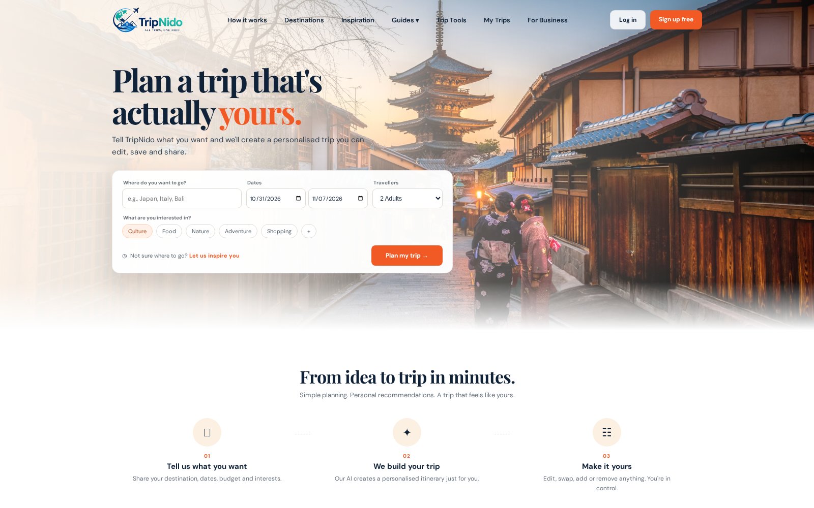 Tripnido trip planning website interface
